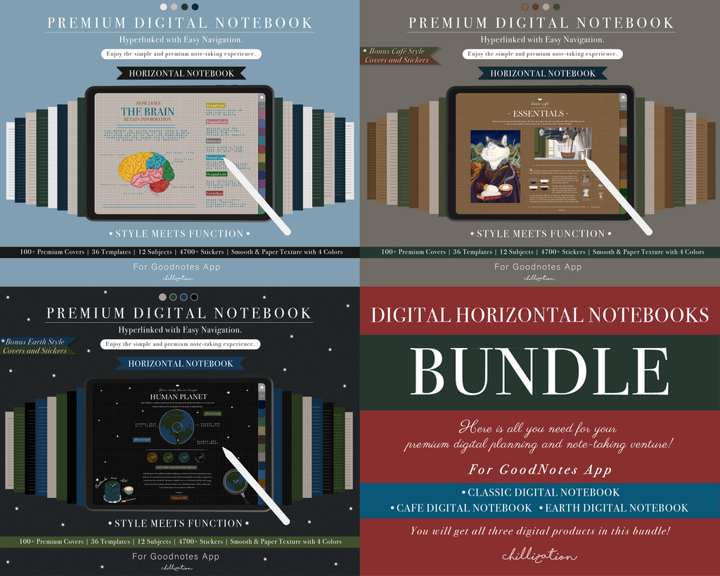 Notebook Bondle GoodNotes Horizontal Notebook Bundle | 3 x Digital Notebooks | Classic ...