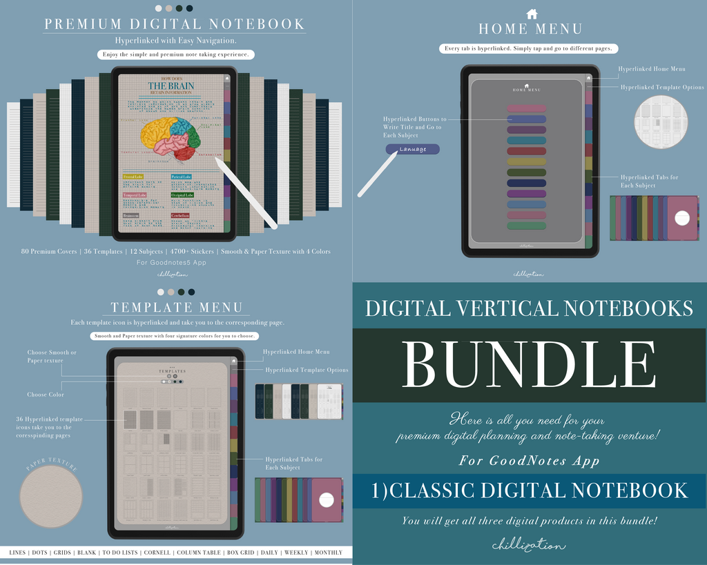 Ios Good Notes Notebooks GoodNotes Vertical Notebook Bundle | 3 x Digital Notebooks | Classic ...